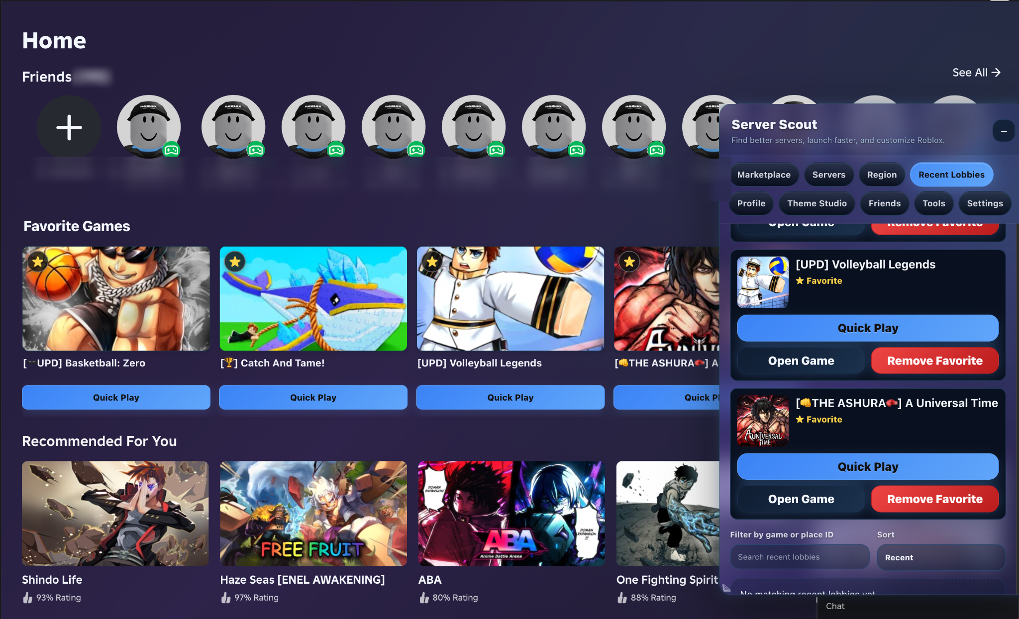 Roblox Server Scout recent lobbies and Quick Play panel on the Roblox home page