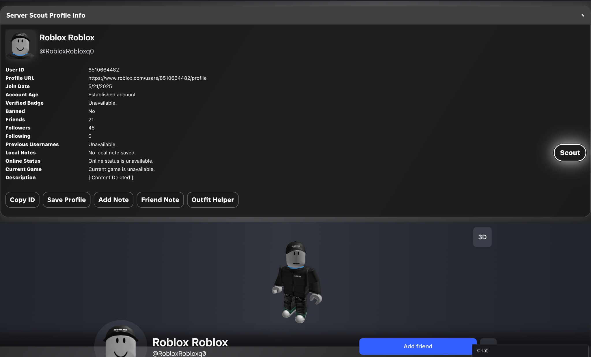 Roblox Server Scout profile information and local note tools on a Roblox profile